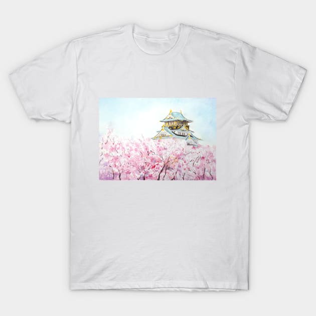 Japan Osaka castle and sakura watercolor painting T-Shirt by colorandcolor